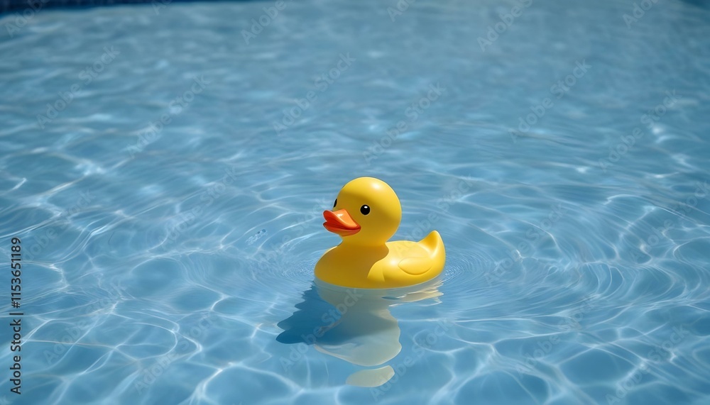 A yellow rubber duck floating in a blue swimming pool with rippling water A yellow rubber duck floating in a blue swimming pool with rippling water