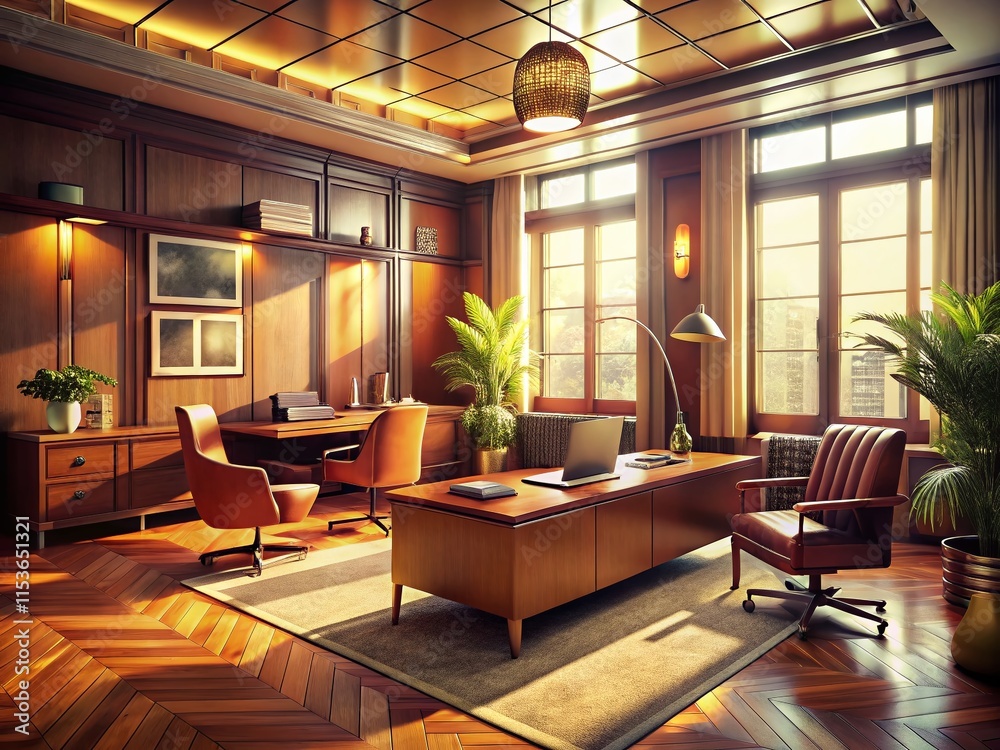 Fototapeta premium Vintage Style Modern Office Interior: 3D Rendered Mockup - Stylish Workspace Design