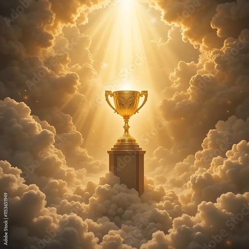 A radiant golden trophy on a surrounded by glowing clouds