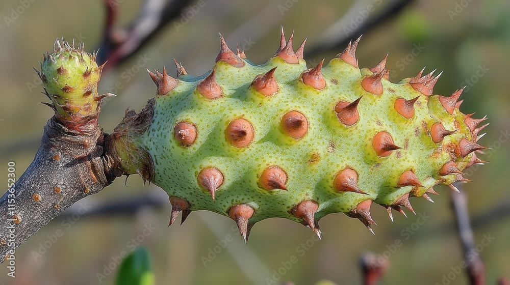Close-up of a spiky, light green plant bud with reddish thorns on a branch. Close-up of a spiky, light green plant bud with reddish thorns on a branch.