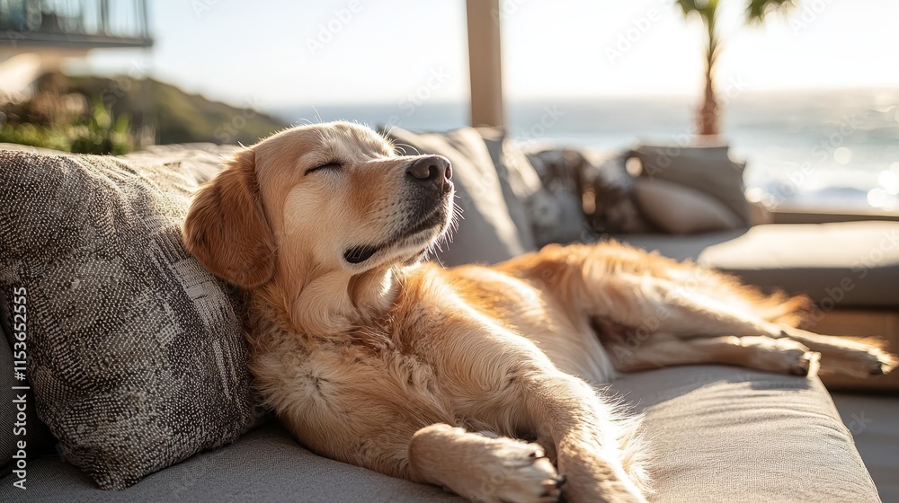 Obraz premium Golden retriever lounging in sunny seaside living room