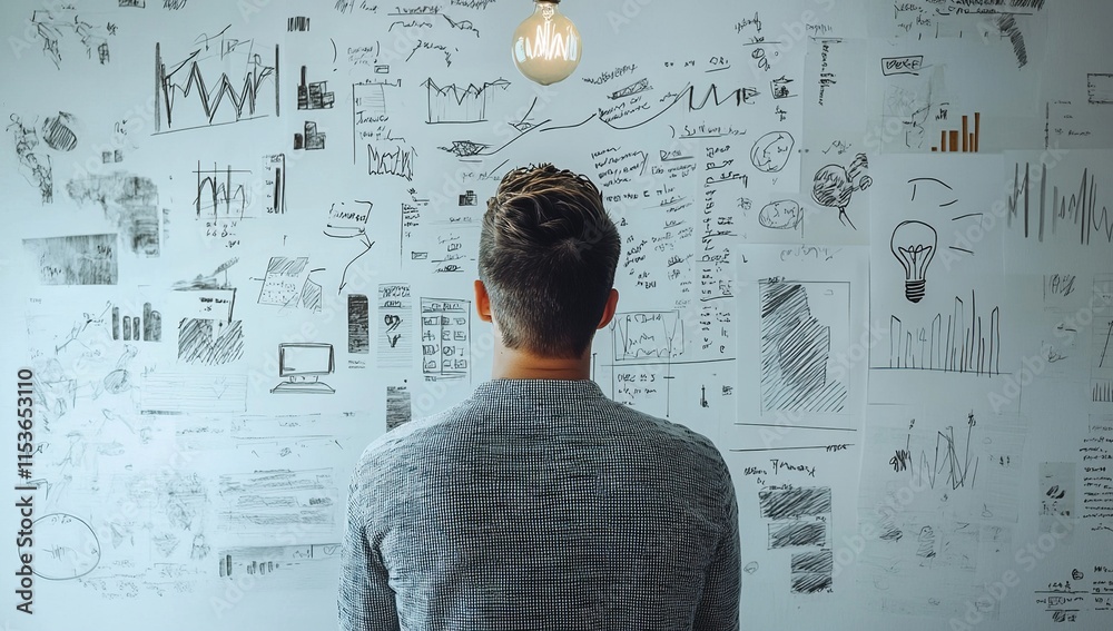 Strategist Reviews Data Charts, Graphs, and Sketches for Innovative Project Solutions Creatively