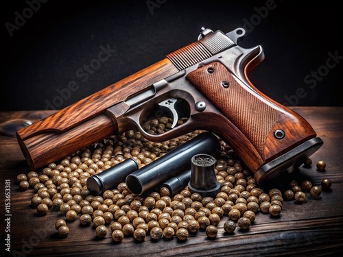 Vintage Wooden Air Guns & Pistols with Pellets - Black Background Stock Photo photo