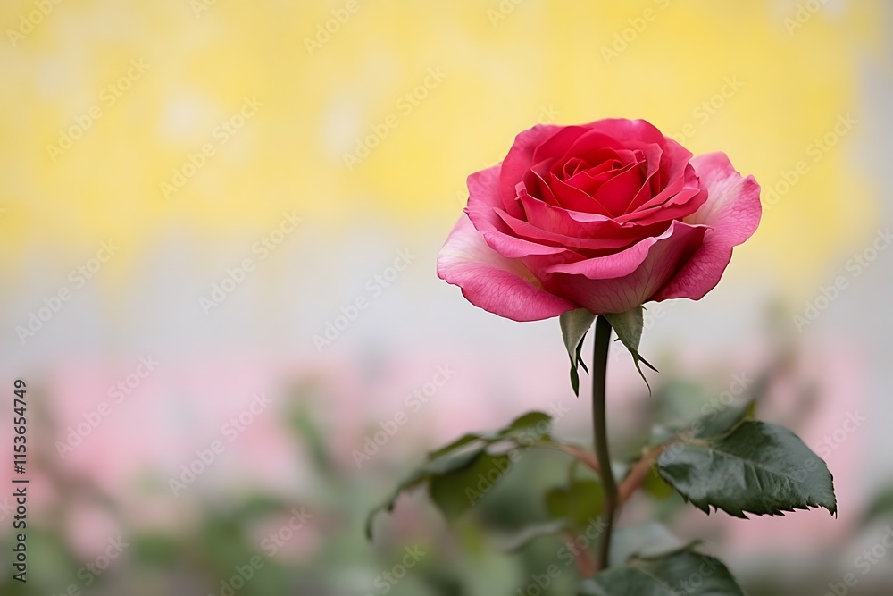 Single pink rose in bloom against a blurred yellow and pink background. Single pink rose in bloom against a blurred yellow and pink background.