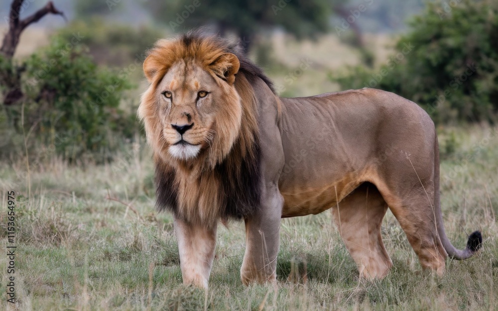 A powerful male lion with a beige mane standing on rocky terrain against a vast savanna with distant hills and soft lighting A powerful male lion with a beige mane standing on rocky terrain against a vast savanna with distant hills and soft lighting
