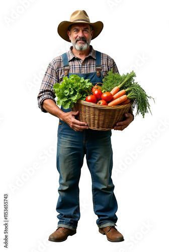 Farmer in Overalls Holding Basket of Fresh Vegetables on Transparent Background