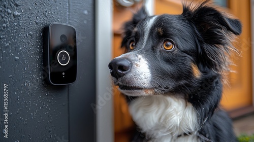 Curious dog waiting by a smart doorbell