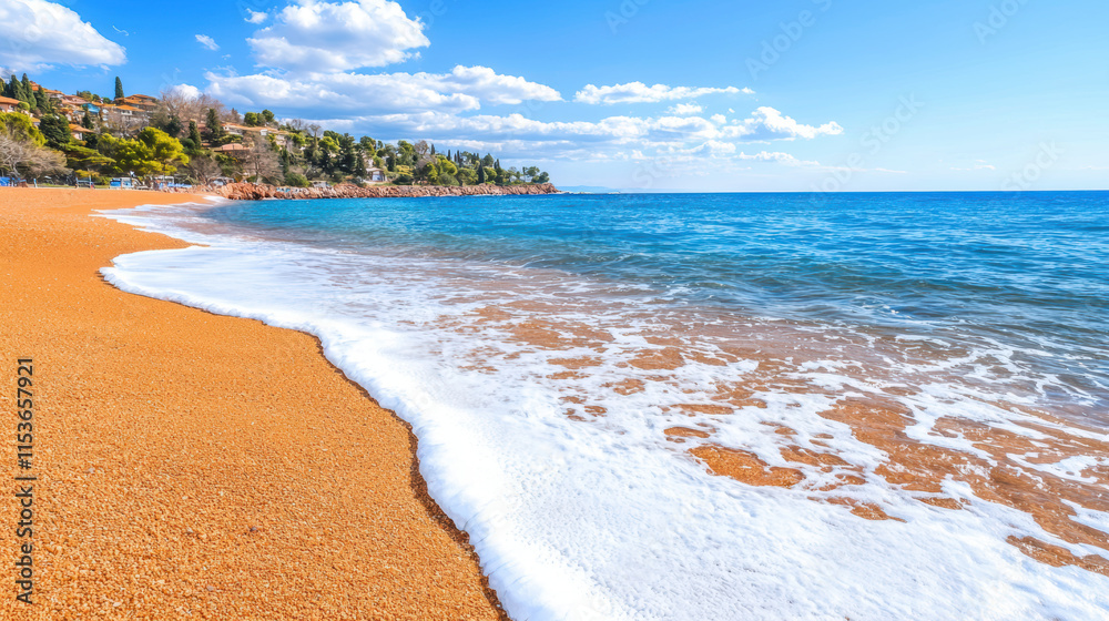 Fototapeta premium serene beach scene with golden sand, gentle waves, and clear blue skies