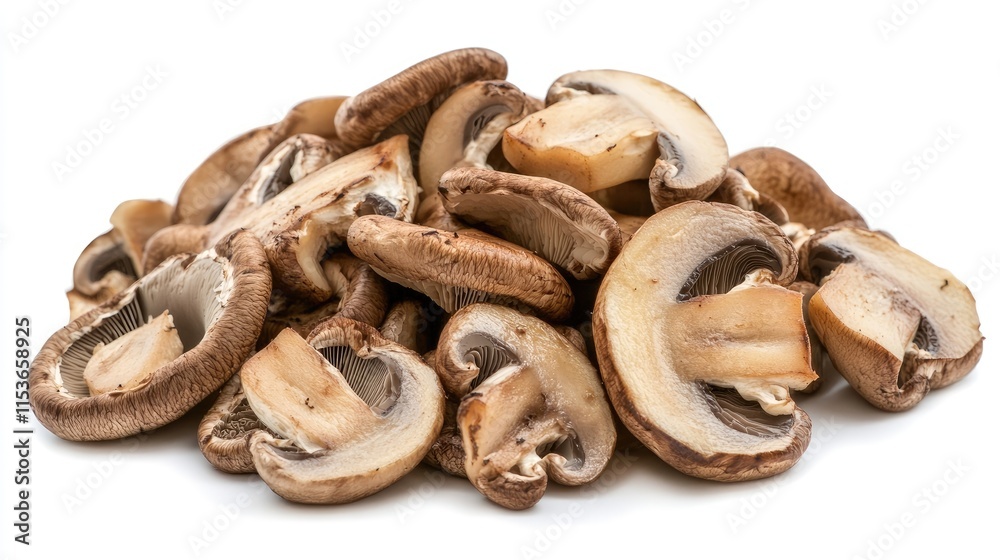 Fresh brown mushroom sliced, arranged on a white background, captures the vibrant texture and earthy color of fresh brown mushrooms, perfect for culinary or packaging use.