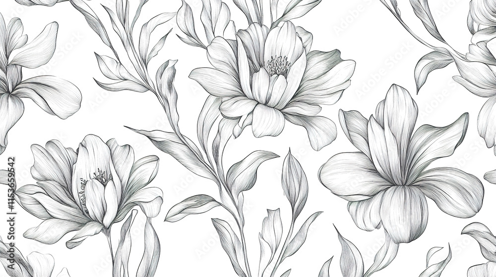 Obraz premium Hand-drawn botanical flower pattern, seamless and decorative line art. 