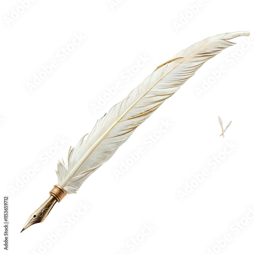 Elegant Quill Pen: A pristine white feather quill pen with gold accents, poised for writing, evokes a sense of classic elegance and timeless artistry.  photo