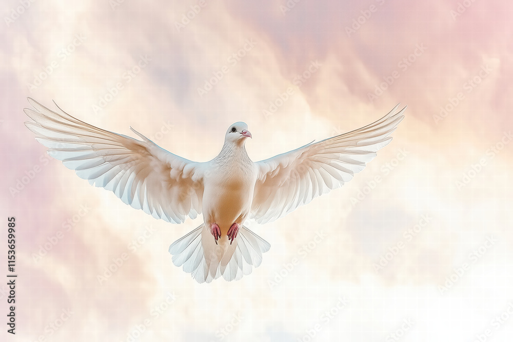 Obraz premium graceful white bird soaring against pastel sky backdrop. Generative Ai
