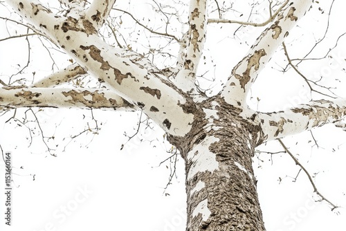 Low angle view of a tree's trunk and branches against a white background. photo