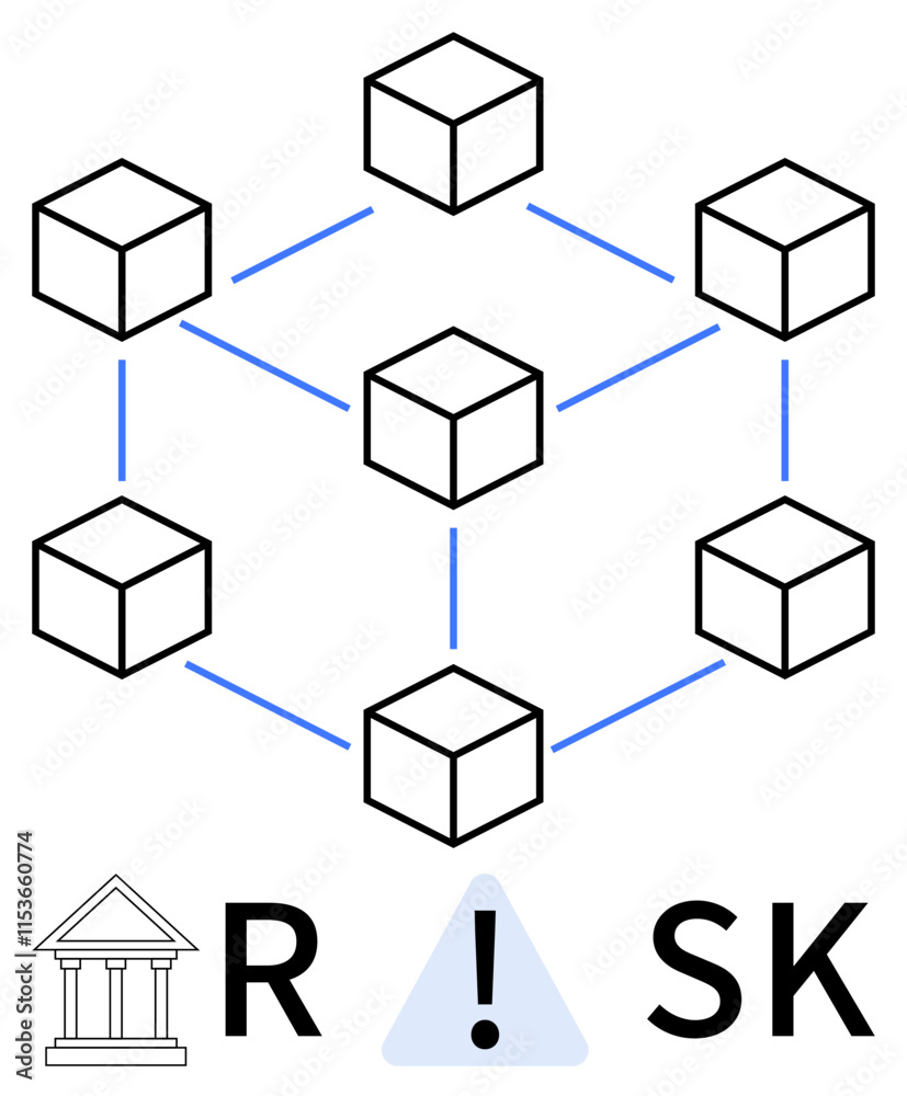 Network of connected cubes with blue lines, symbolizing interconnected systems. Below, a bank icon, exclamation mark, and the word RISK emphasize financial risk. Ideal for finance, banking Network of connected cubes with blue lines, symbolizing interconnected systems. Below, a bank icon, exclamation mark, and the word RISK emphasize financial risk. Ideal for finance, banking