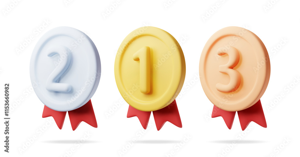3d set of medals with red ribbons. Render gold, silver, bronze champion ...