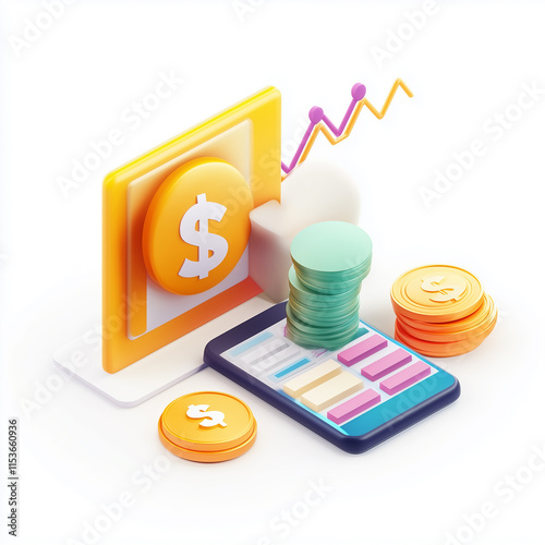 Mobile Banking and Financial Growth. 3D icon on white background