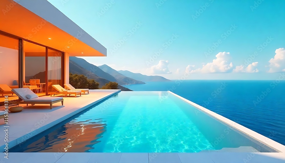 Fototapeta premium Serene Coastal Luxury: Modern Villa with Infinity Pool