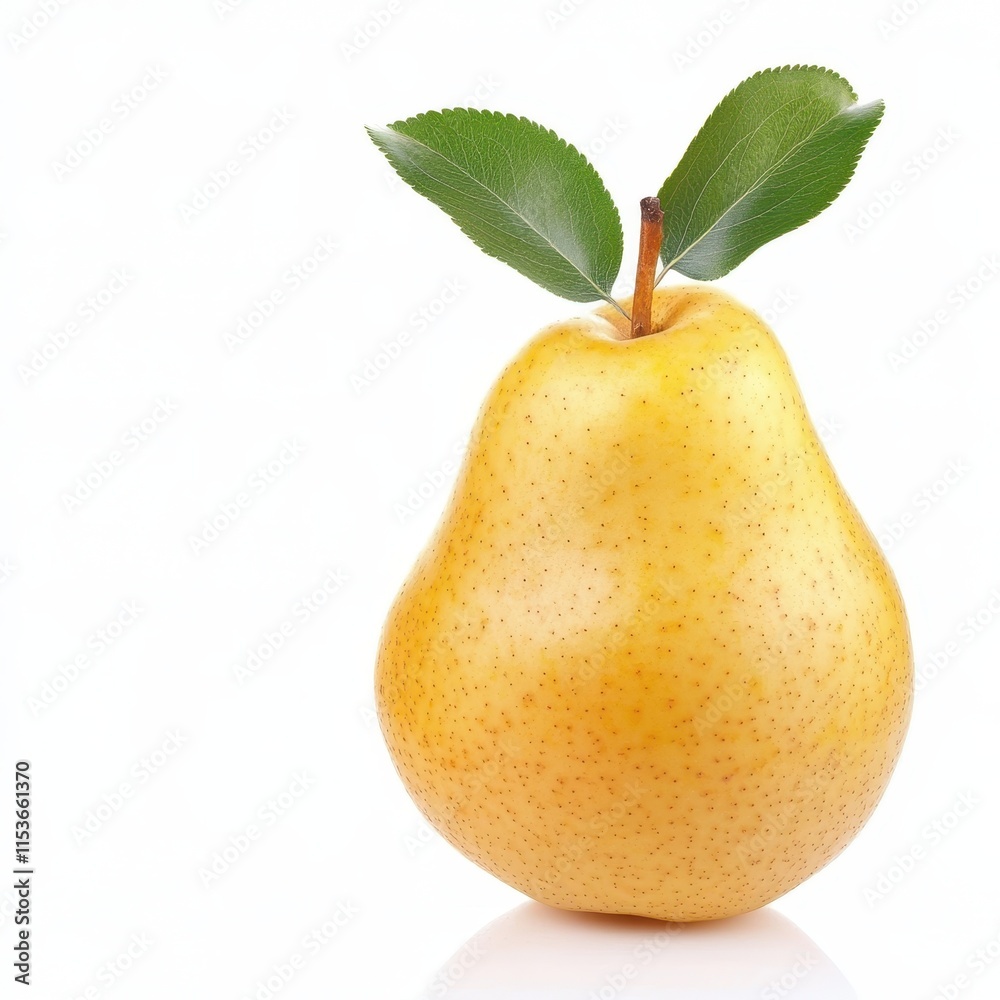 Fresh Yellow Pear with Green Leaves on White Background Fresh Yellow Pear with Green Leaves on White Background