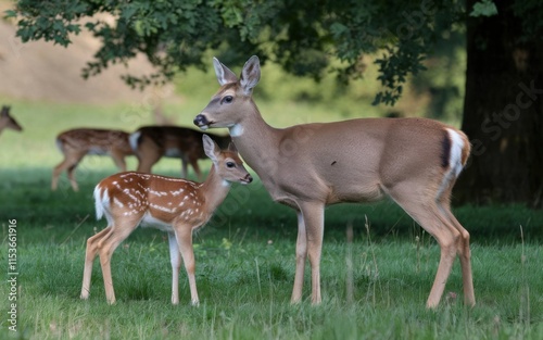  A mother and fawn European roe deer grazing in a green meadow with tall grass and wildflowers, with a soft, warm hue in the background