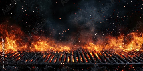Fiery grill with flaming embers. The grill burns with intense flames. Charcoal and embers create a dramatic barbecue background, ideal for cooking enthusiasts.