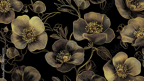 Hand-drawn botanical flowers in a seamless gold line pattern, decorative design.  