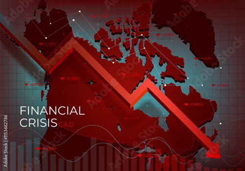 Financial chart with a red falling trend line against Canada, symbolizing the market downturn and financial crisis. Recession in the economy. Decline in macro-economic indicators. Vector illustration.