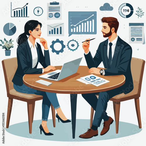 partners meeting for business discussion with documents and laptop on desk.couple at round table ,speaking ,discussing work,partnership.flat vector illustration isolated on a white background