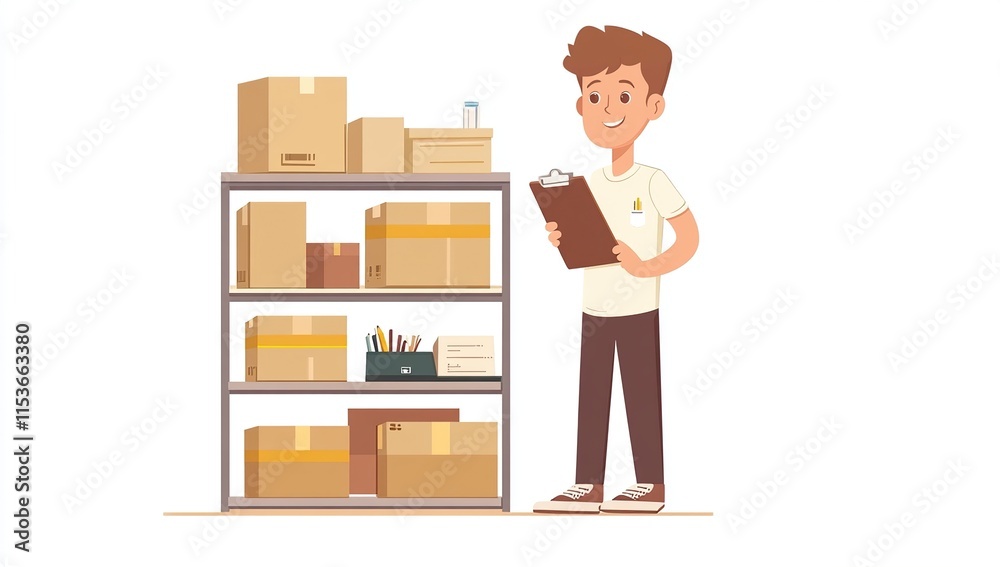 Efficient Warehouse Worker Managing Inventory with a Clipboard and Boxes Efficient Warehouse Worker Managing Inventory with a Clipboard and Boxes