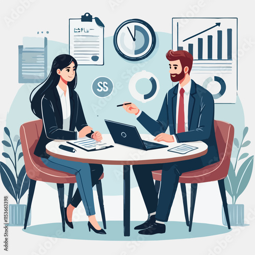 partners meeting for business discussion with documents and laptop on desk.couple at round table ,speaking ,discussing work,partnership.flat vector illustration isolated on a white background