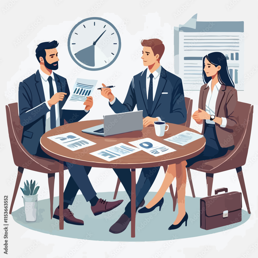 partners meeting for business discussion with documents and laptop on desk.couple at round table ,speaking ,discussing work,partnership.flat vector illustration isolated on a white background partners meeting for business discussion with documents and laptop on desk.couple at round table ,speaking ,discussing work,partnership.flat vector illustration isolated on a white background