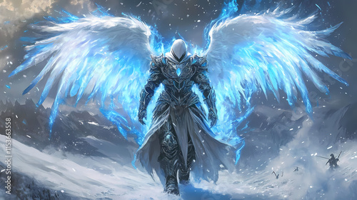 Frostfire seraph surrounded by glowing blue and white flames on a winter battlefield. Frostfire. Illustration