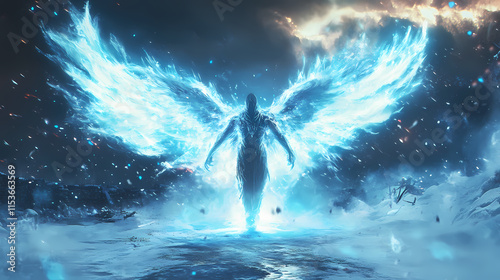 Frostfire seraph surrounded by glowing blue and white flames on a winter battlefield. Frostfire. Illustration photo