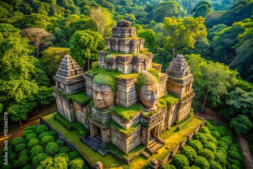 Aerial digital art: carved faces on an ancient stone temple, lush forest. photo