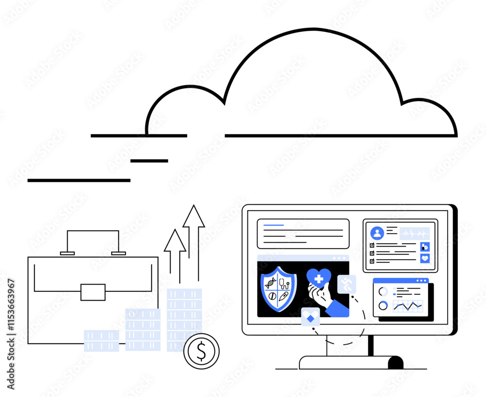 Cloud with data flow, computer screen with data analytics, briefcase and financial growth symbols. Ideal for finance, cloud computing, data analytics, business strategy, technology, digital Cloud with data flow, computer screen with data analytics, briefcase and financial growth symbols. Ideal for finance, cloud computing, data analytics, business strategy, technology, digital