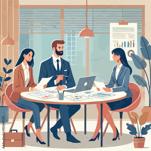 partners meeting for business discussion with documents and laptop on desk.couple at round table ,speaking ,discussing work,partnership.flat vector illustration isolated on a white background