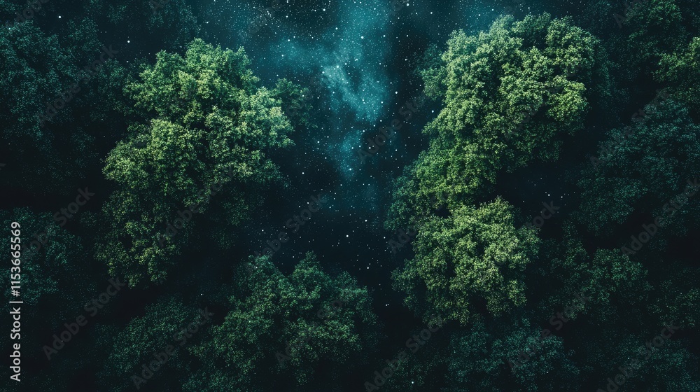Obraz premium Dark green forest beneath a captivating starry sky creates a serene atmosphere. The enchanting forest offers a perfect background with ample space for design elements.
