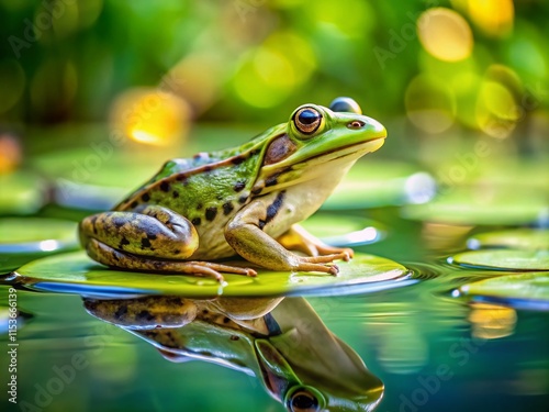 A vibrant frog sits perched on a lily pad, a tranquil pond scene.