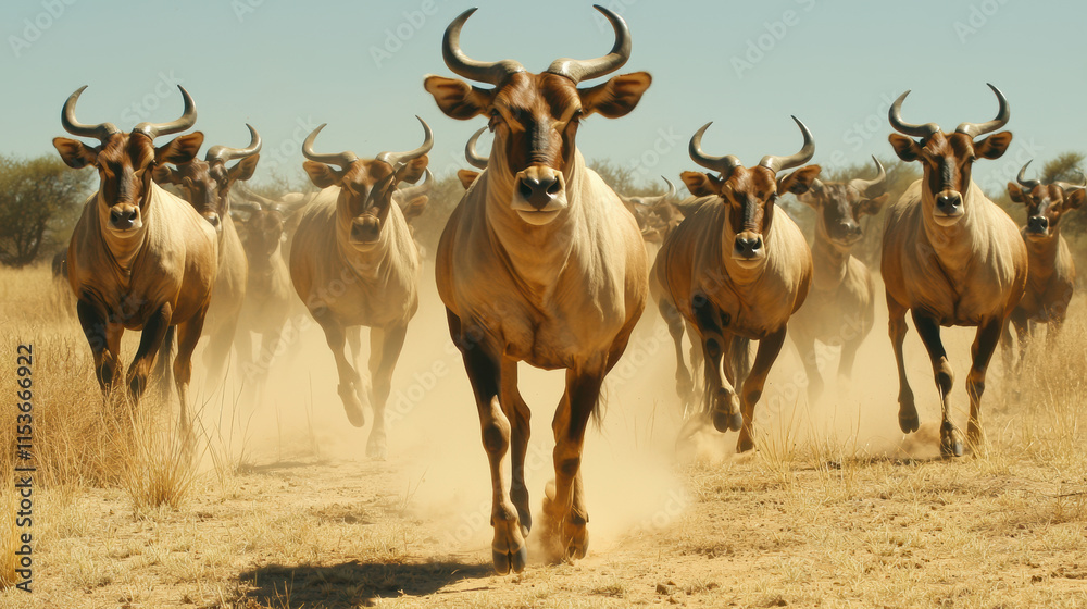 Herd of cattle running through dry grassland, creating dusty scene Herd of cattle running through dry grassland, creating dusty scene