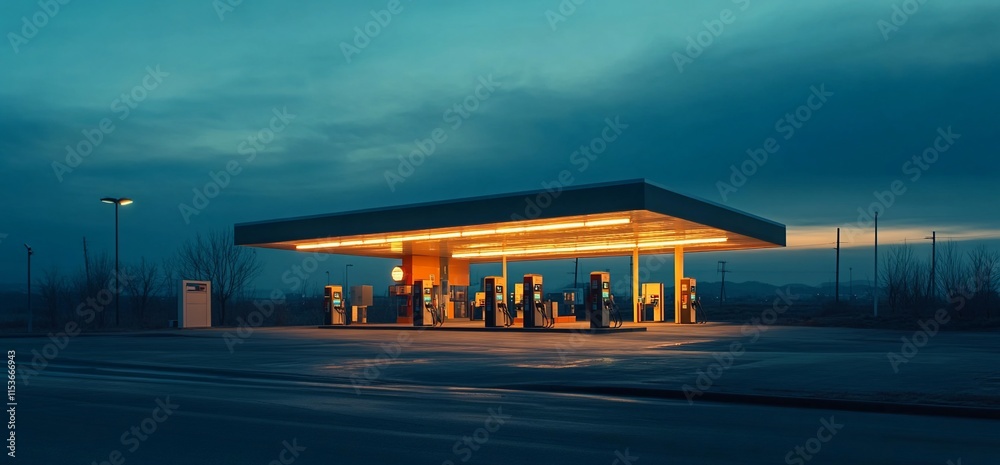 A gas station illuminated at dusk, showcasing its structure and pumps. A gas station illuminated at dusk, showcasing its structure and pumps.