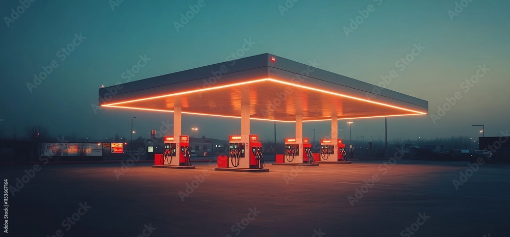A gas station illuminated at dusk, showcasing pumps under a glowing canopy. A gas station illuminated at dusk, showcasing pumps under a glowing canopy.