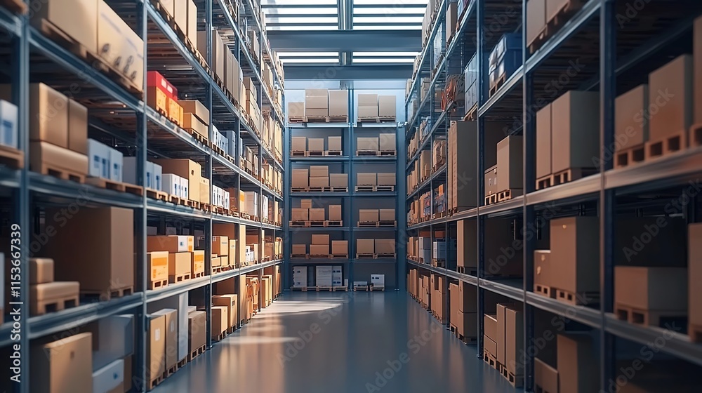 Obraz premium A warehouse with shelves full of boxes, symbolizing the stock house in an e-commerce marketing video animation.