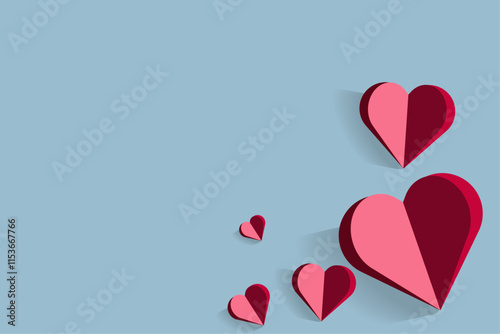 A geometric heart illustration featuring two bold colors, dark red and pink, casting a subtle shadow on a soft blue background.