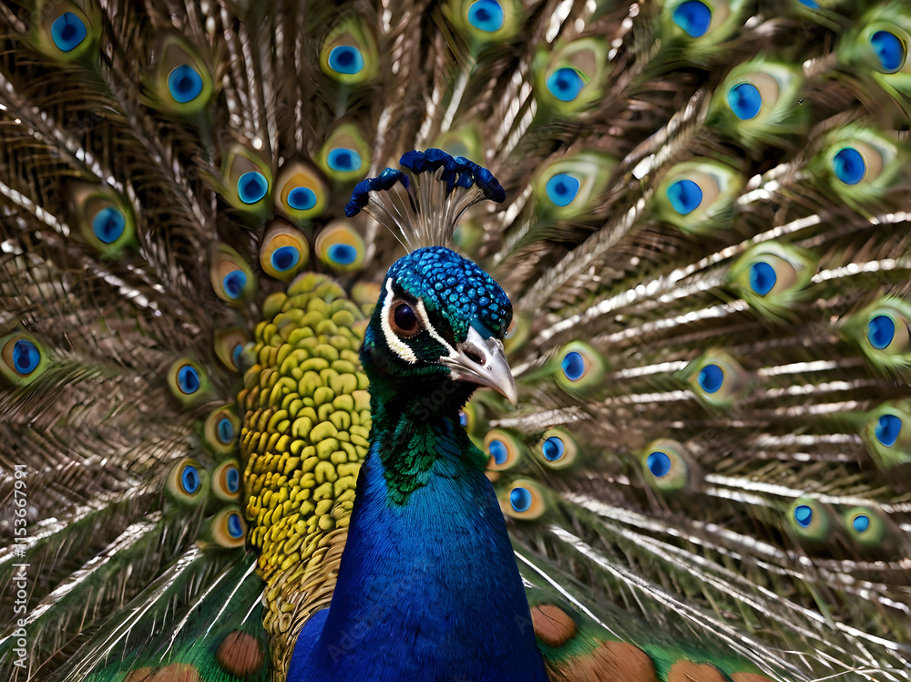 Fototapeta premium A peacock, highlighting the stunning and colorful patterns on its feathers and how these patterns help attract mates.
