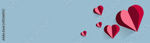 A Red paper hearts on blue background, Valentine concept, A contemporary graphic of a heart in two tones—maroon and pastel pink—on a smooth light blue surface.