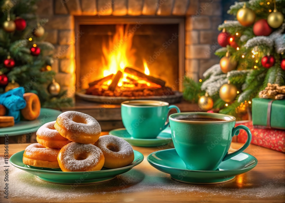Fototapeta premium Christmas donuts, teal tea, and a panoramic fireplace.