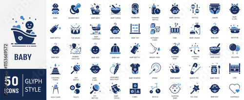 Baby care flat Icons set. Child, baby boys, family, human age, diaper, child sleeping, child care and more. Vector Illustration