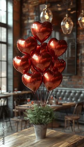 A modern minimalist room filled with heart-shaped red foil balloons, creating a romantic and festive atmosphere, perfect for celebrating love and special occasions.

