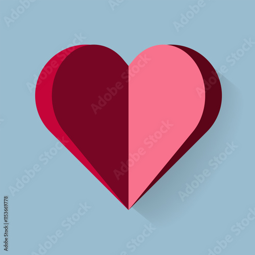A minimalist heart design divided into two symmetrical halves, with the left side in deep red and the right side in light pink, placed against a light blue background.