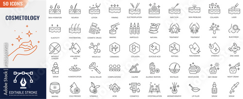 Cosmetology line icon set. Editable stroke. Skin care, treatment, dermatology, stretch marks, facial rejuvenation, refreshes the skin, wrinkles on the face and more. Vector Illustration
