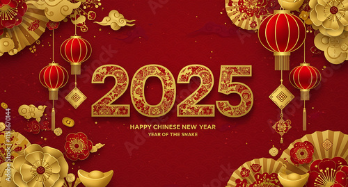 Happy Chinese new year 2025 background vector. Year of the snake design wallpaper with Chinese pattern, gold hanging lantern. Modern luxury oriental illustration for cover, banner, website, envelope.